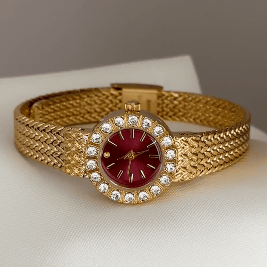 Bold Glamour : Red Round Dial Watch with Gold Diamond Bezel & Wheat Pattern Bracelet