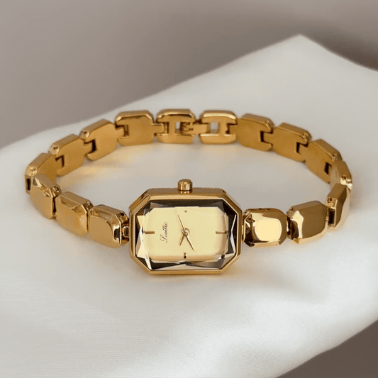 Luxe Modern: Gold Rectangular Dial Watch with Cut Square Link Bracelet