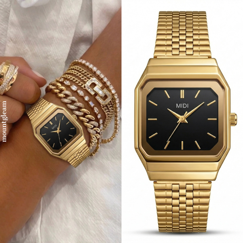 Gold Rectangular Watch for Women with Black Dial | Elegant Quartz Watch ...