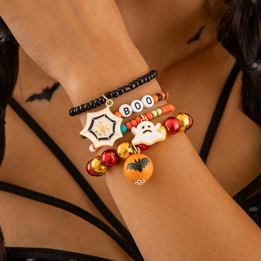 Halloween Jewelry 4-Pack: Skull, & Bat Seed Bead Bracelets - Perfect for Party Favors