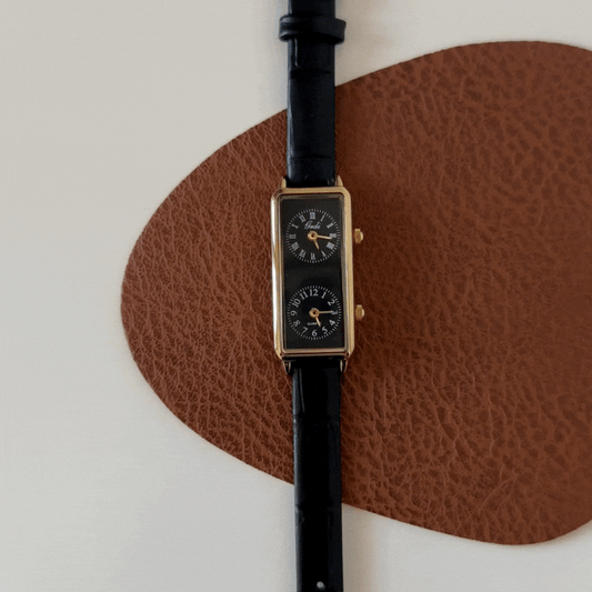 black rectangular dual dial watch for women with leather strap