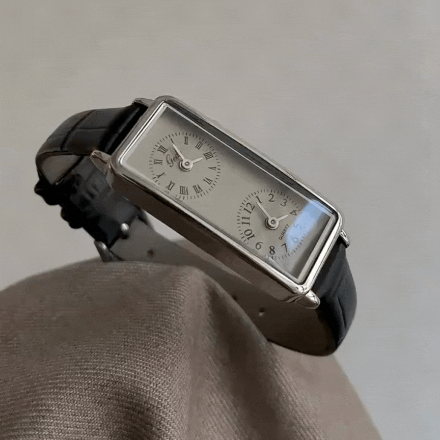 black rectangular dual dial watch for women with double dial design