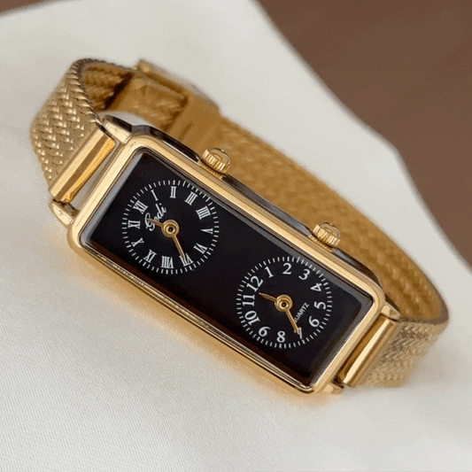 black gold rectangular dual dial watch for women with wheat bracelet