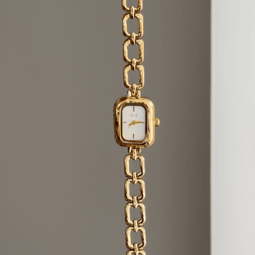 Gilded Geometry: White Rectangular Dial Watch with Gold Rectangular Bezel & Gold Chain Bracelet