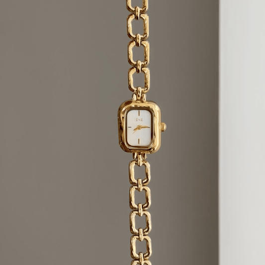 Gilded Geometry: White Rectangular Dial Watch with Gold Rectangular Bezel & Gold Chain Bracelet
