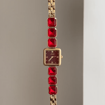 Gilded Jewelry: Red Square Dial Watch with Gold Square Bezel & Ruby-Set Gold Chain Bracelet