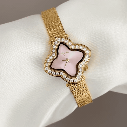 Soft Pink: Pink Four-Leaf Clover Dial Watch with Gold Clover Bezel & Gold Stainless Steel Bracelet