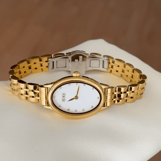 Oval Elegance: White Oval Dial Watch with Gold Oval Bezel & Gold Stainless Steel Bracelet