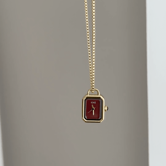 Convertible Jewelry: Red Rectangular Dial Watch with Gold Bezel & Gold Stainless Steel Necklace Pendant