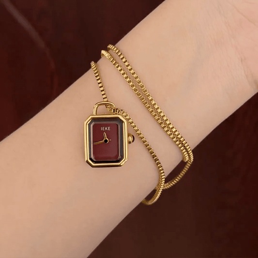 Convertible Jewelry: Red Rectangular Dial Watch with Gold Bezel & Gold Stainless Steel Necklace Pendant