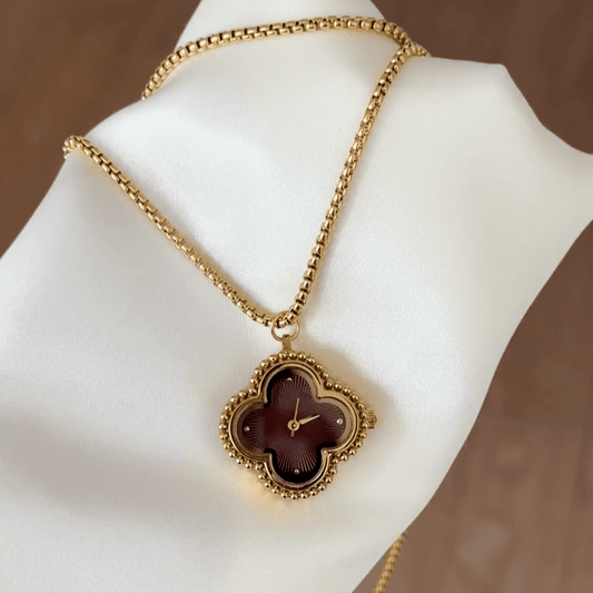 Convertible Jewelry: A Red Clover Dial Watch – Gold Clover Bezel & Removable Gold Alloy Pendant