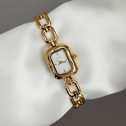 Gilded Geometry: White Rectangular Dial Watch with Gold Rectangular Bezel & Gold Chain Bracelet