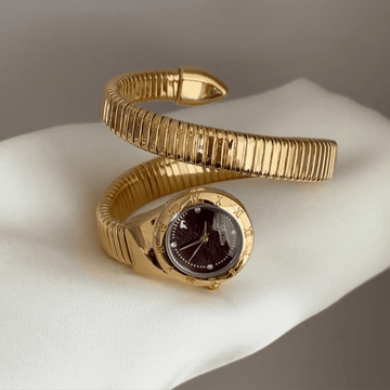 Vibrant Radiance: Red Round Dial Watch with Polished Gold Bezel & Gold Link Bangle Bracelet