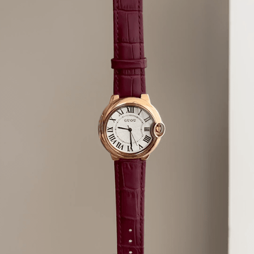 Timeless Grace: White Round Dial Watch with Gold Bezel & Genuine Purple Genuine Leather Strap