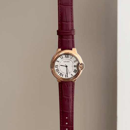 Timeless Grace: White Round Dial Watch with Gold Bezel & Genuine Purple Genuine Leather Strap