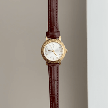 Classic Everyday: Silver Round Dial Watch with Gold Bezel & Brown Leather Strap