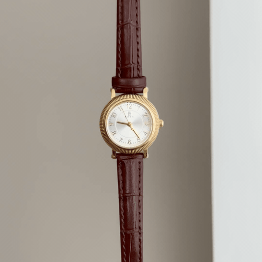 Classic Everyday: Silver Round Dial Watch with Gold Bezel & Brown Leather Strap
