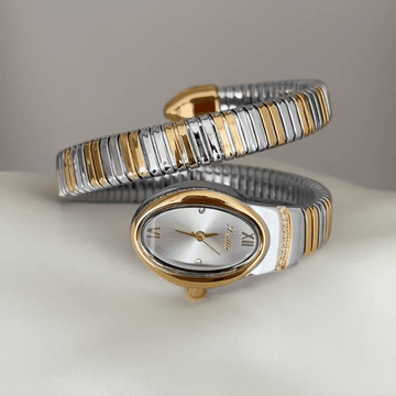 Dual-Tone Loop: Silver Oval Dial Watch with Gold Bezel & Alternating Two-Tone Loop Steel Bracelet