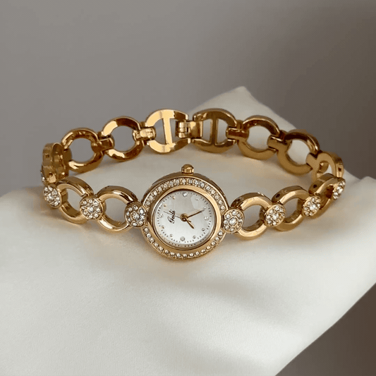 Openwork Airy: White Round Dial Watch with Gold Diamond Bezel & Gold Alloy Openwork Bracelet