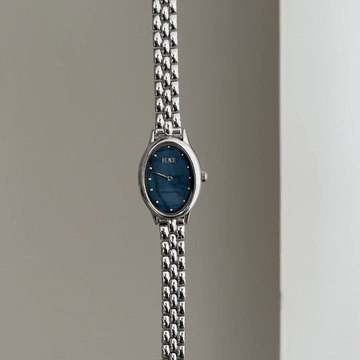 Silver Minimalist: Blue Oval Dial Watch with Silver Oval Bezel & Silver Stainless Steel Bracelet