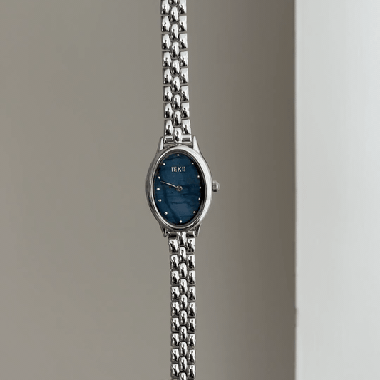 Silver Minimalist: Blue Oval Dial Watch with Silver Oval Bezel & Silver Stainless Steel Bracelet