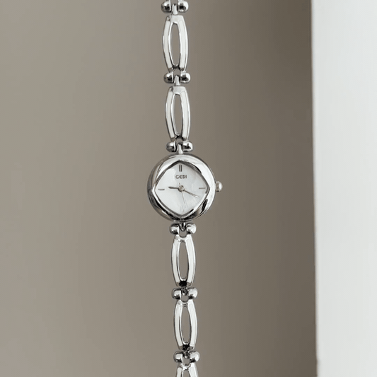 Geometric Rhombus: White Rhombus Dial Watch with Silver Round Bezel & Silver Alloy Openwork Bracelet