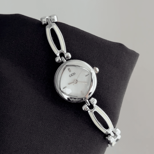 Geometric Rhombus: White Rhombus Dial Watch with Silver Round Bezel & Silver Alloy Openwork Bracelet