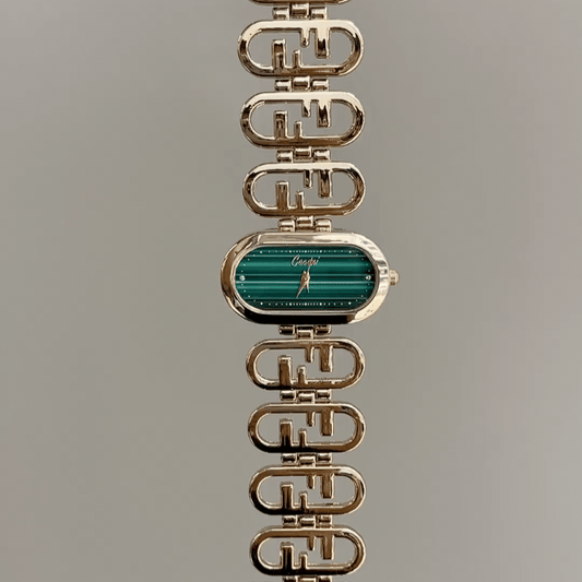 Vintage Luxe:Green Oval Dial Watch – Gold Oval Case & Gold Stainless Steel Band Quartz