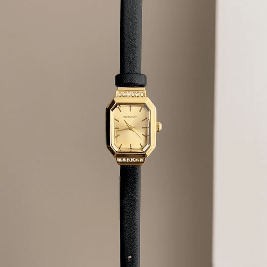 Refined Luxury: Gold Rectangular Dial Watch with Gold Diamond Bezel & Black Leather Strap