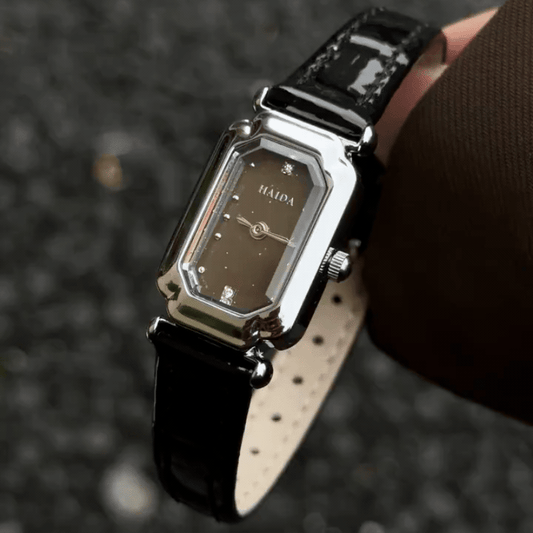 Daily Sophistication：Brown Rectangular Dial Watch with Silver Rectangular Bezel & Black Leather Strap
