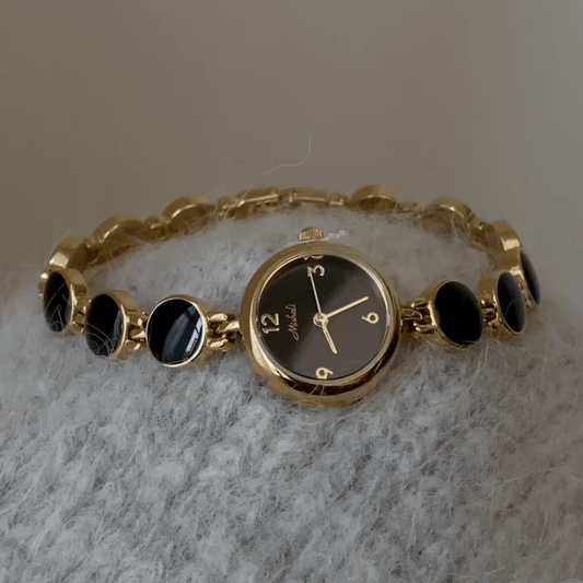Edgy Luxe：Black Round Dial Watch with Gold Round Bezel & Black-Gold Stainless Steel Round Link Bracelet