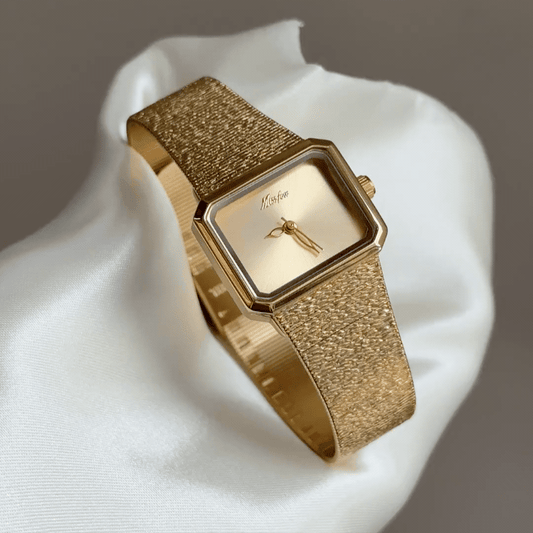 Timeless Glow：Gold Rectangular Dial Watch – Gold Rectangular Bezel & Gold Stainless Steel Bracelet