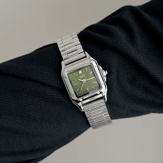 Fresh Elegance: Gradient Green Rectangular Dial Watch with Silver Bezel & Stainless Steel Bracelet