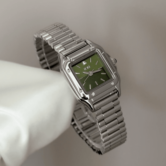 Fresh Elegance: Gradient Green Rectangular Dial Watch with Silver Bezel & Stainless Steel Bracelet