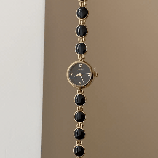 Edgy Luxe：Black Round Dial Watch with Gold Round Bezel & Black-Gold Stainless Steel Round Link Bracelet
