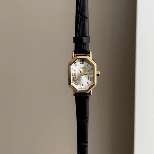 Refined Grace Elegant: White Rectangular Dial Watch with Gold Bezel & Black Leather Strap