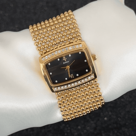 Bold Luxury: Black Elongated Rectangular Dial Watch with Gold Diamond Bezel & Wide Stainless Steel Bracelet