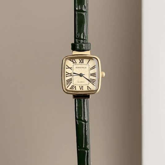 Modern Classic: Gold Rectangular Dial Watch with Green Leather Strap