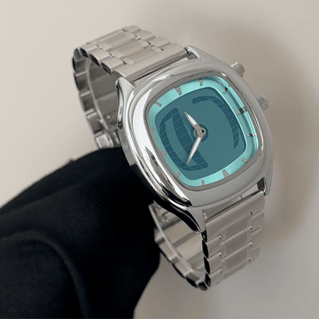 Smart Elegance: Blue Square Dial Watch with Silver Square Bezel & Silver Stainless Steel Bracelet