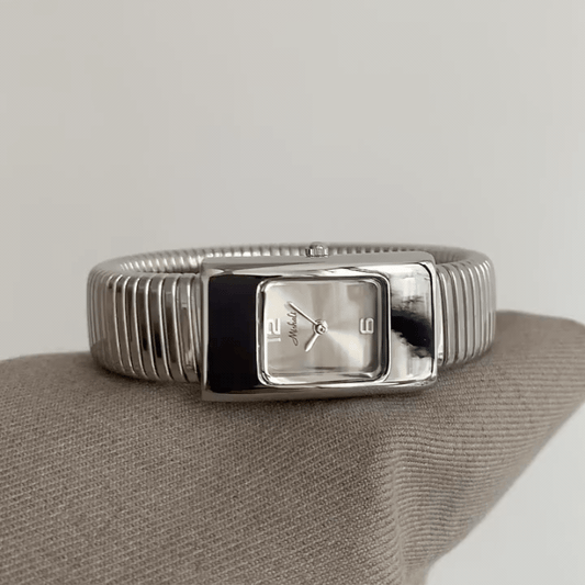 Everyday Wear：White Rectangular Dial Watch with Silver Rectangular Bezel & Silver Stainless Steel Elastic Strap