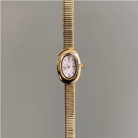 Feminine Glamour：Pink Oval Dial Watch – Gold Oval Case & Gold Stainless Steel Band Quartz