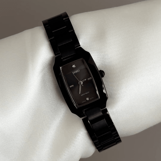 Minimalist Monochrome: Black Elongated Rectangular Dial Watch with Black Stainless Steel Bracelet