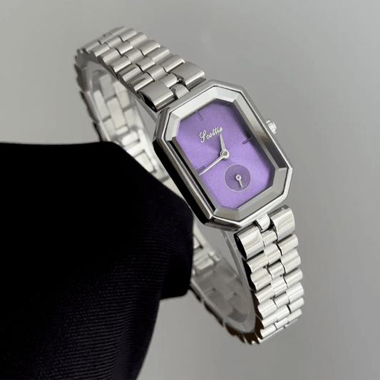 Purple Elegance: Purple Rectangular Dial Watch with Silver Stainless Steel Bracelet