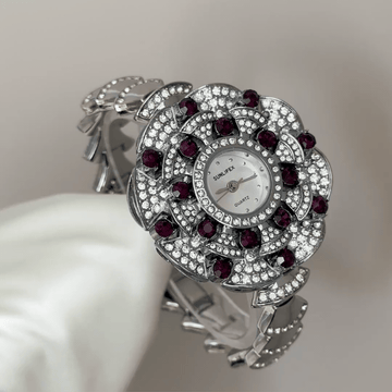 Diamond Sparkle: White Round Dial Watch with Silver Flower-Shaped Diamond Bezel & Diamond Stainless Steel Bracelet