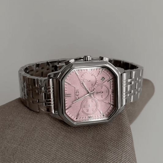 Pink Charm：Pink Square Dial Watch with Silver Square Bezel & Silver Stainless Steel Link Bracelet