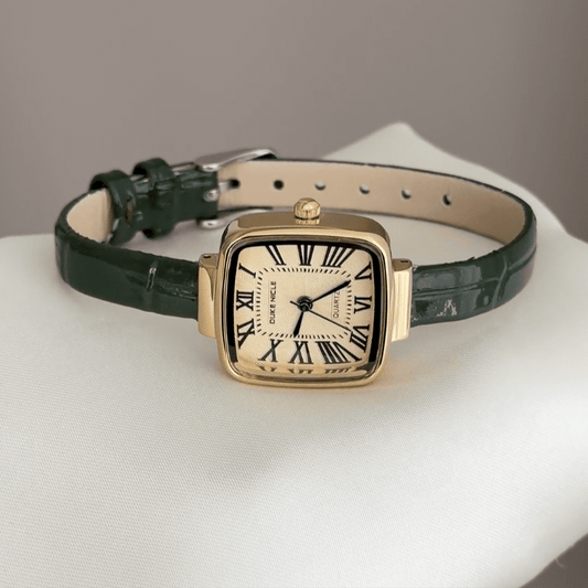 Modern Classic: Gold Rectangular Dial Watch with Green Leather Strap
