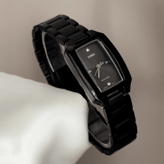 Minimalist Monochrome: Black Elongated Rectangular Dial Watch with Black Stainless Steel Bracelet