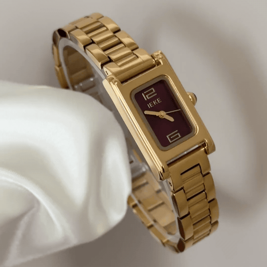 Bold Chic: Red Rectangular Dial Watch with Gold Rectangular Bezel & Matching Stainless Steel Bracelet