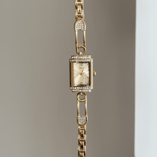 Statement Luxury：Gold Rectangular Dial Watch with Gold Diamond-Set Rectangular Bezel & Gold Diamond-Accented Stainless Steel Bracelet