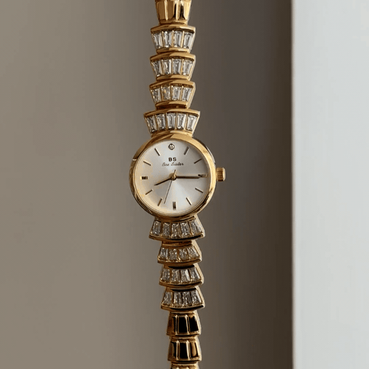 Glamour Elegant: White Round Dial Watch with Gold Diamond Bezel & Diamond Bracelet